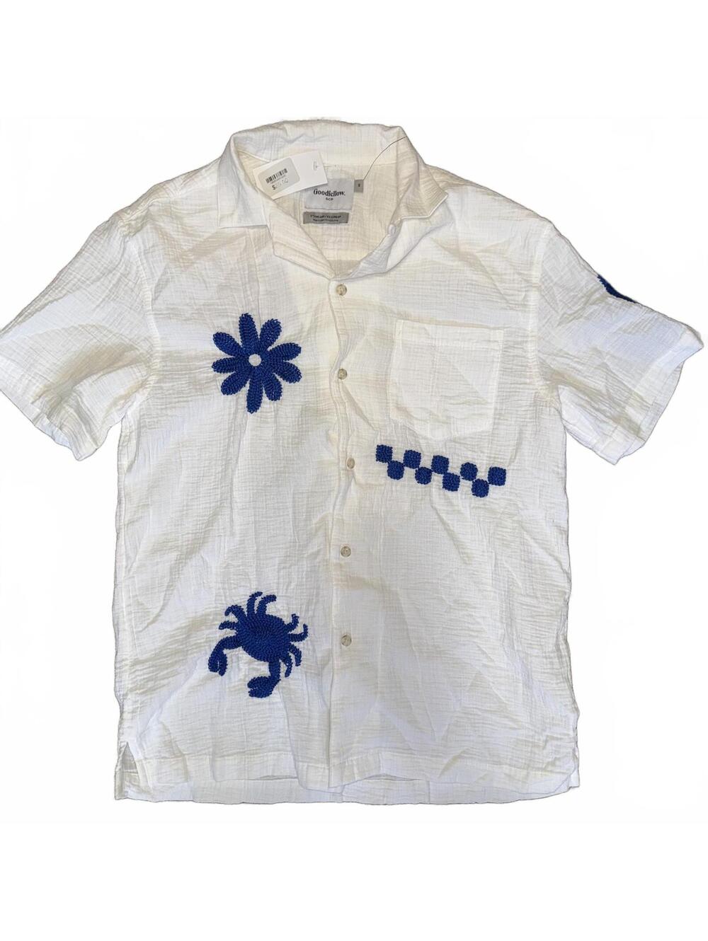 White Nautical Short Sleeve Men's Button-up Shirt Size Small